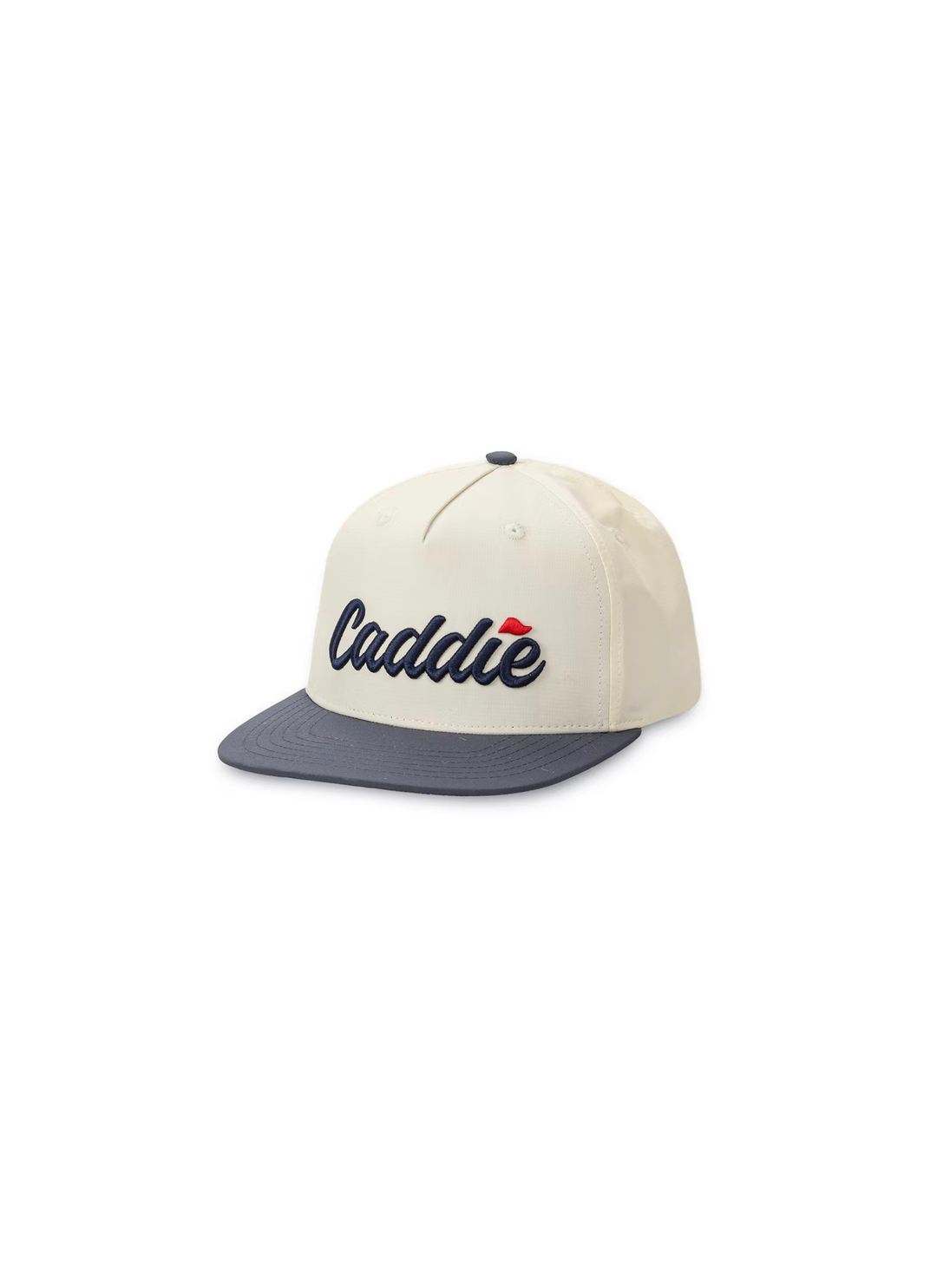 An off-white snapback cap with a dark gray flat brim and the word &