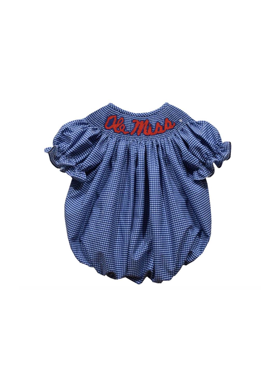 A blue and white gingham baby romper with 'Ole Miss' embroidered in red on the back, displayed against a solid white background.