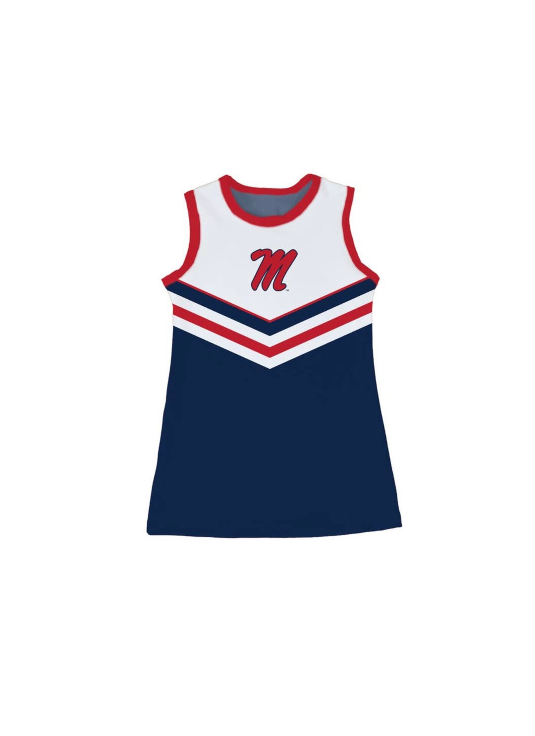 A sleeveless cheerleader-style dress with a navy blue body, white upper section, red trim, and a red script letter 'M' on the chest, shown on a plain white background.