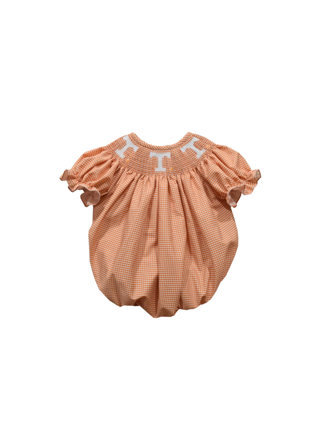 A toddler's short-sleeve bubble romper in a peach and white gingham pattern, featuring white embroidered 'T" on the chest, displayed against a solid white background.
