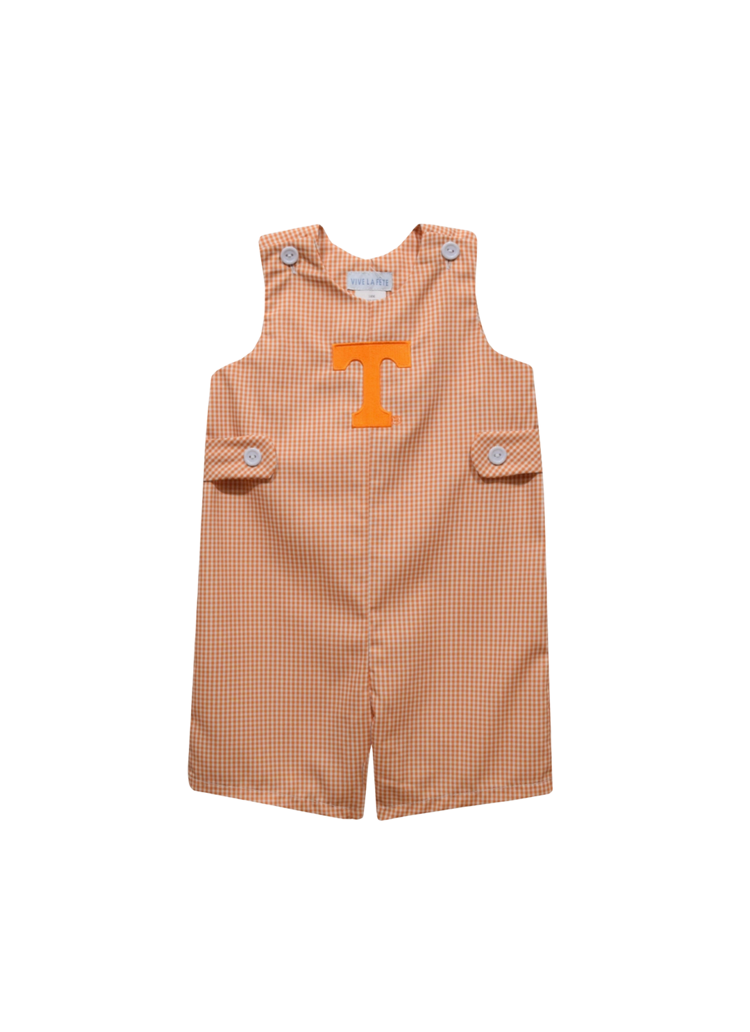A baby romper in a peach and white gingham check pattern, featuring a large orange block letter 'T' on the chest and matching orange snap-button flap pockets on the sides.