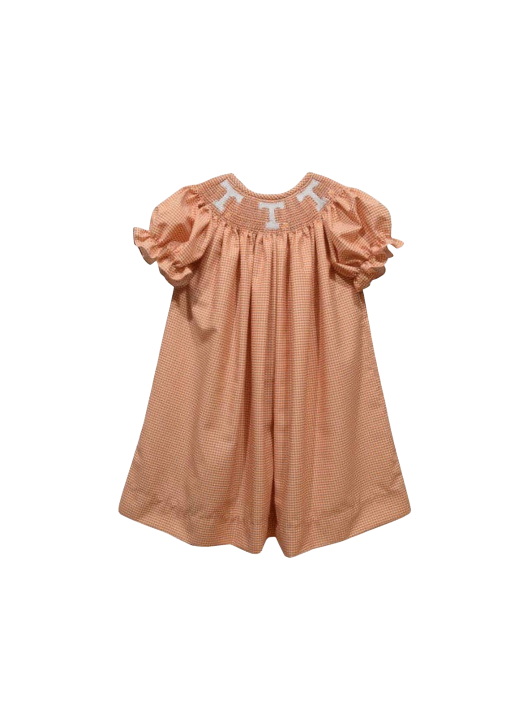 A peach-colored baby romper with a subtle striped pattern, featuring puffed short sleeves and white embroidered "T" across the smocked neckline.