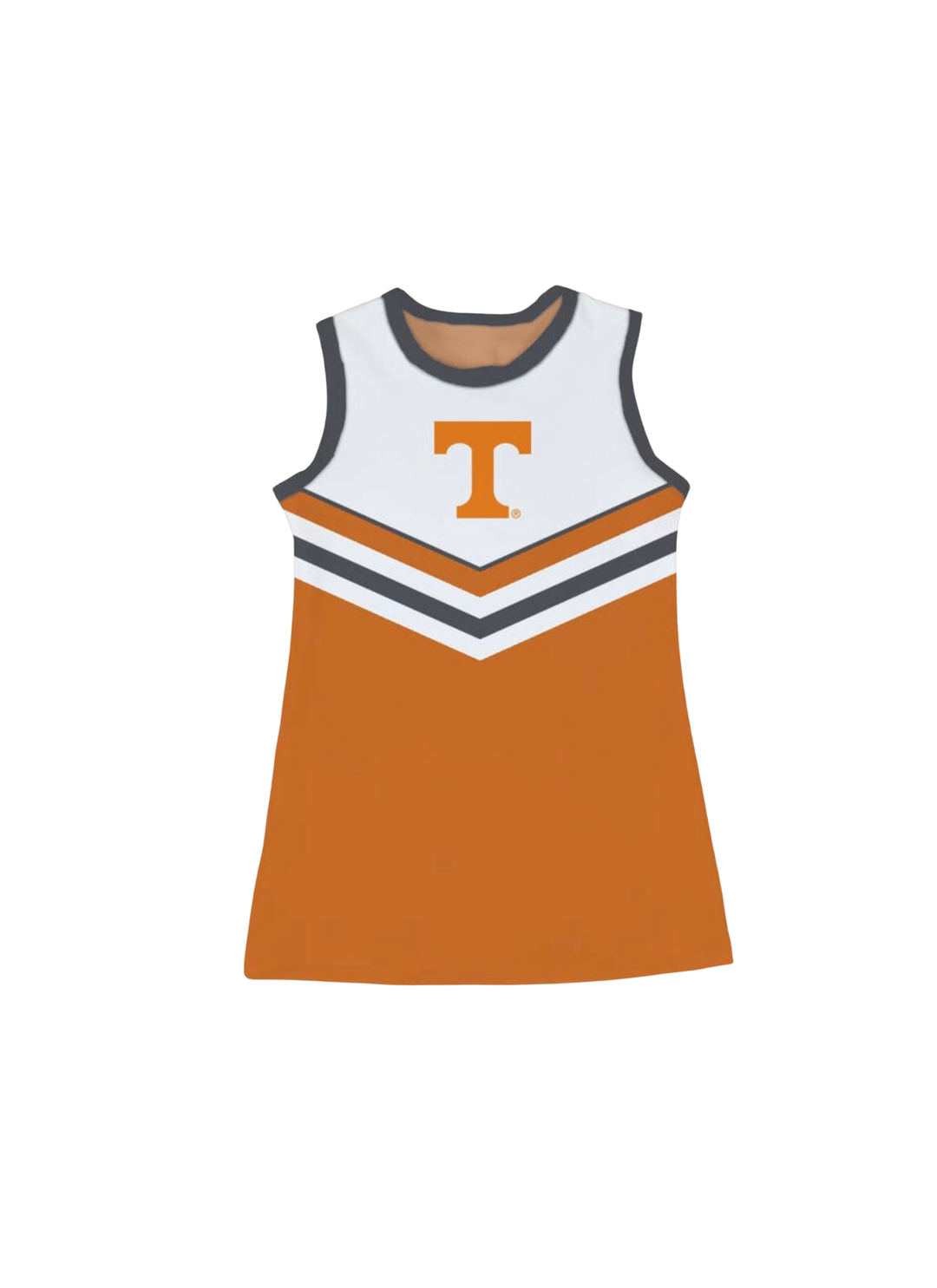 A sleeveless cheerleader-style top in orange, white, and gray, featuring a large orange letter 'T' on the chest, shown on a plain white background.