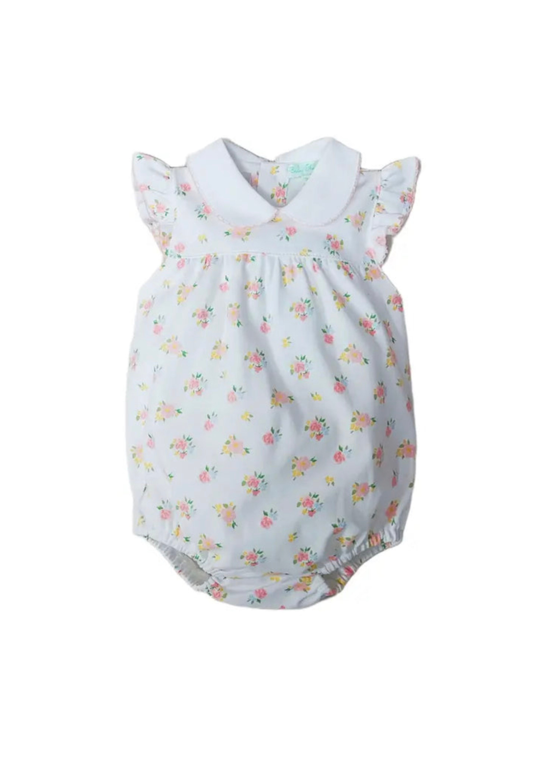 A baby romper in white fabric with a small pink, yellow, and green floral print, featuring a Peter Pan collar and ruffled cap sleeves.