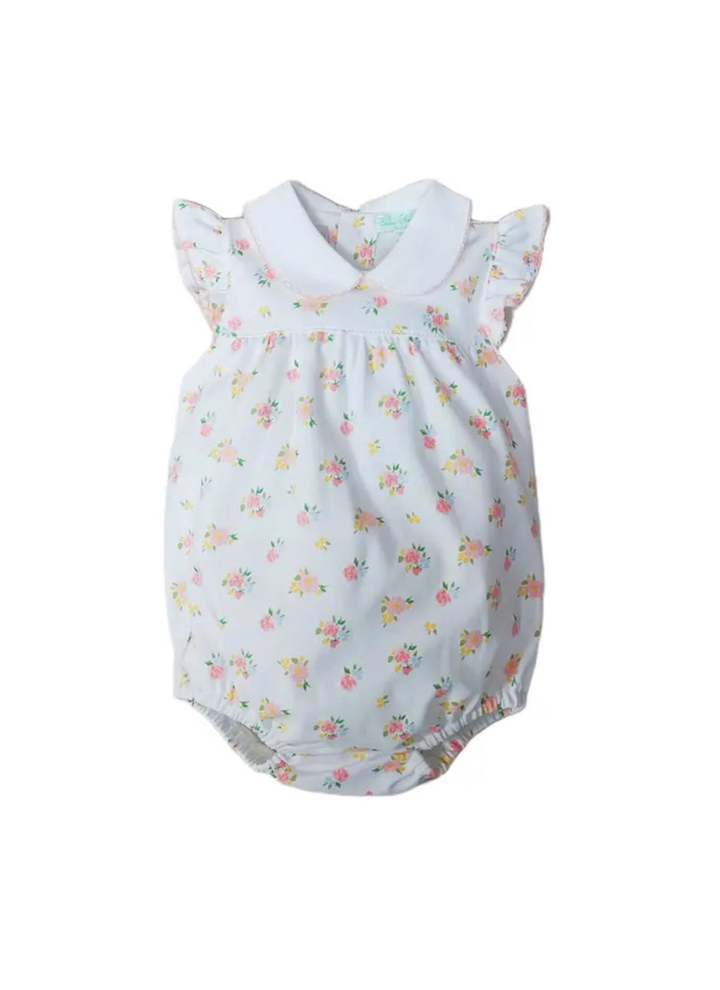 A baby romper in white fabric with a small pink, yellow, and green floral print, featuring a Peter Pan collar and ruffled cap sleeves.