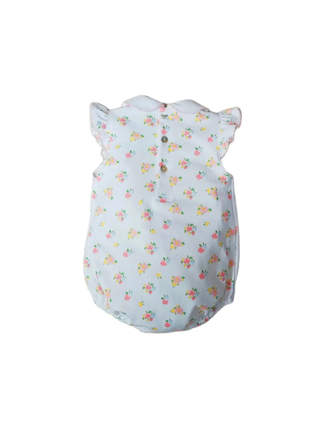 A baby romper in a very pale blue with a small all-over floral print in pink, yellow, and green, featuring ruffled shoulder straps and a snap-button closure at the back.
