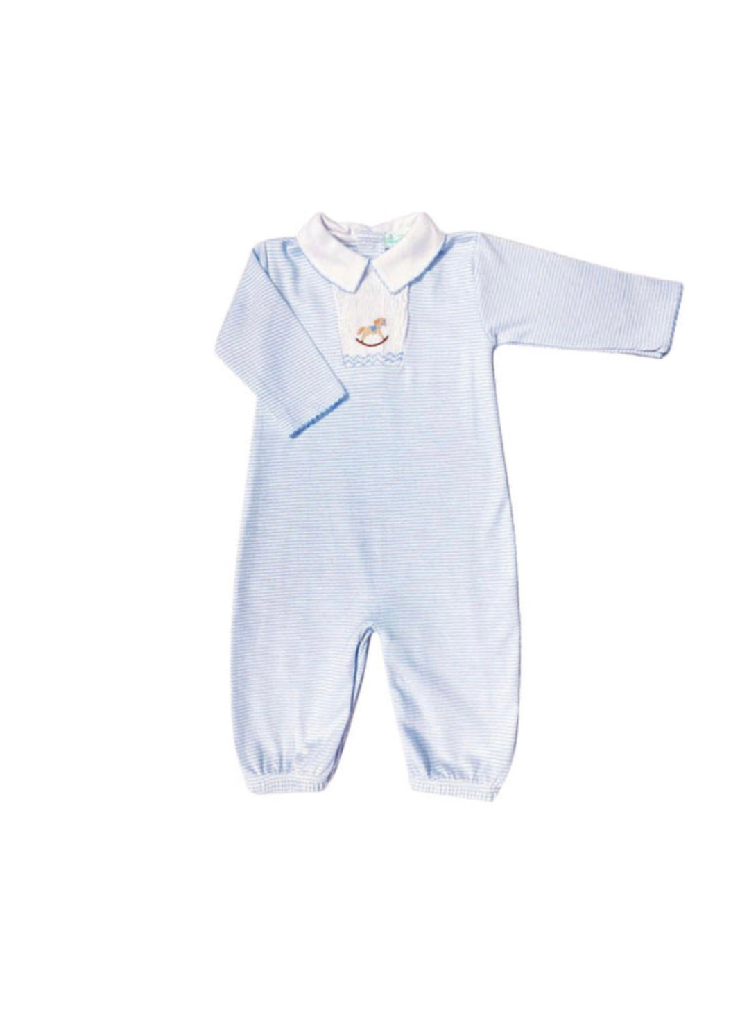 A baby long-sleeve footless romper in light blue and white micro-check pattern, featuring a white collar and a small embroidered logo on the chest, displayed on a solid white background.