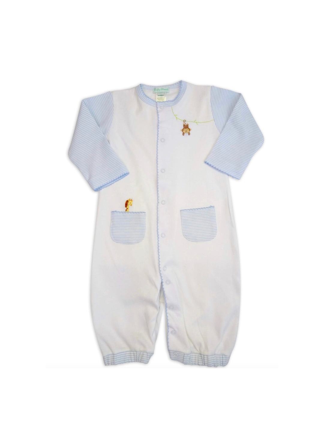 A baby long-sleeve footless sleeper in white and light blue, featuring button closures, two front pockets, and small embroidered cartoon characters on the chest and pockets.