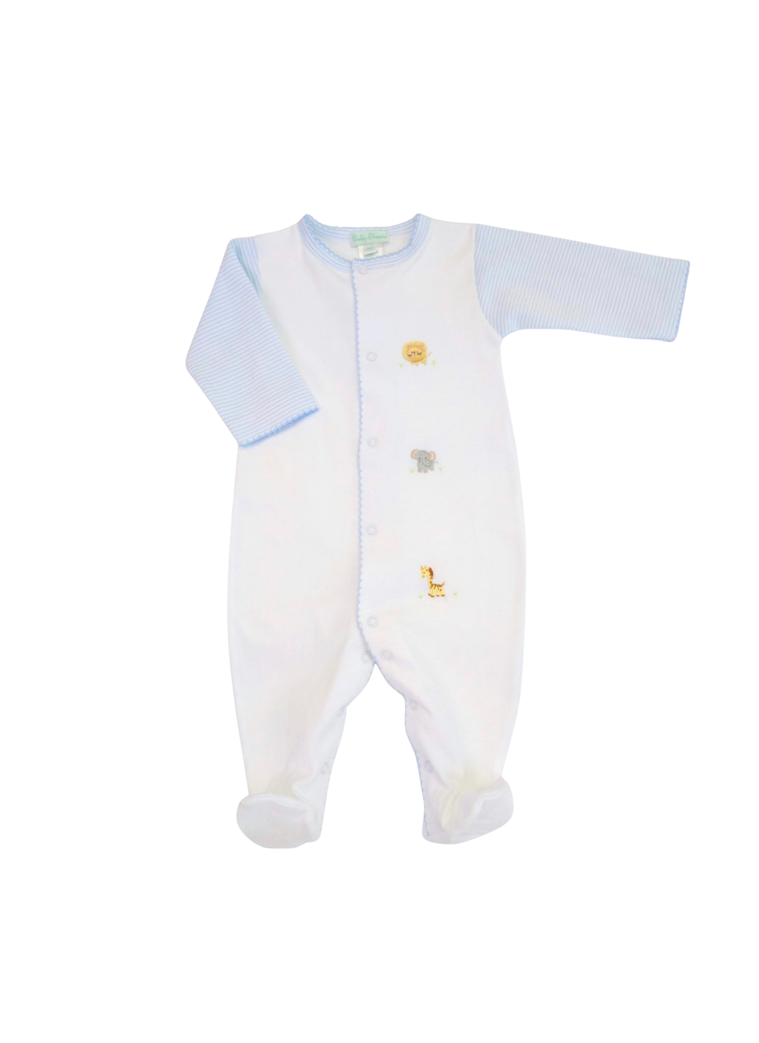 A baby long-sleeve footed sleeper in white with light blue cuffs and collar, featuring small embroidered animal motifs on the front.
