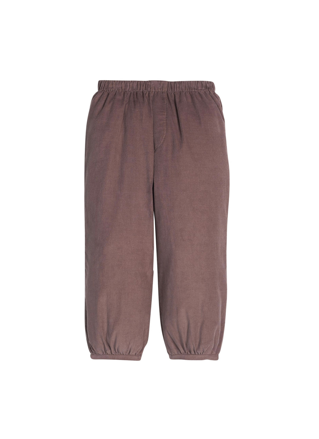 A pair of dusty brown corduroy pants with an elastic waistband and elastic cuffs, shown flat on a white background.