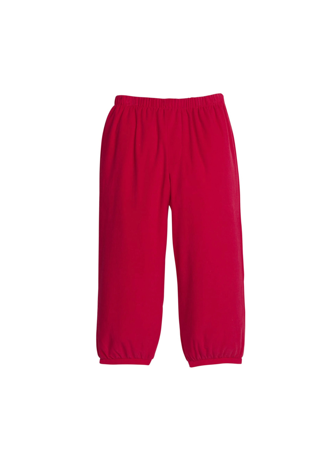 Bright red elastic waistband jogger pants with gathered cuffs, shown flat against a solid white background.