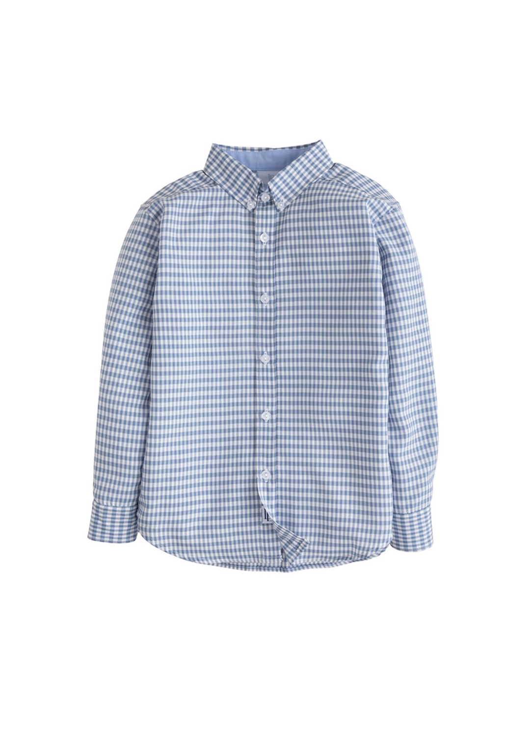 A long-sleeve button-up shirt with a fine blue and white gingham check pattern, displayed on a clean white background.