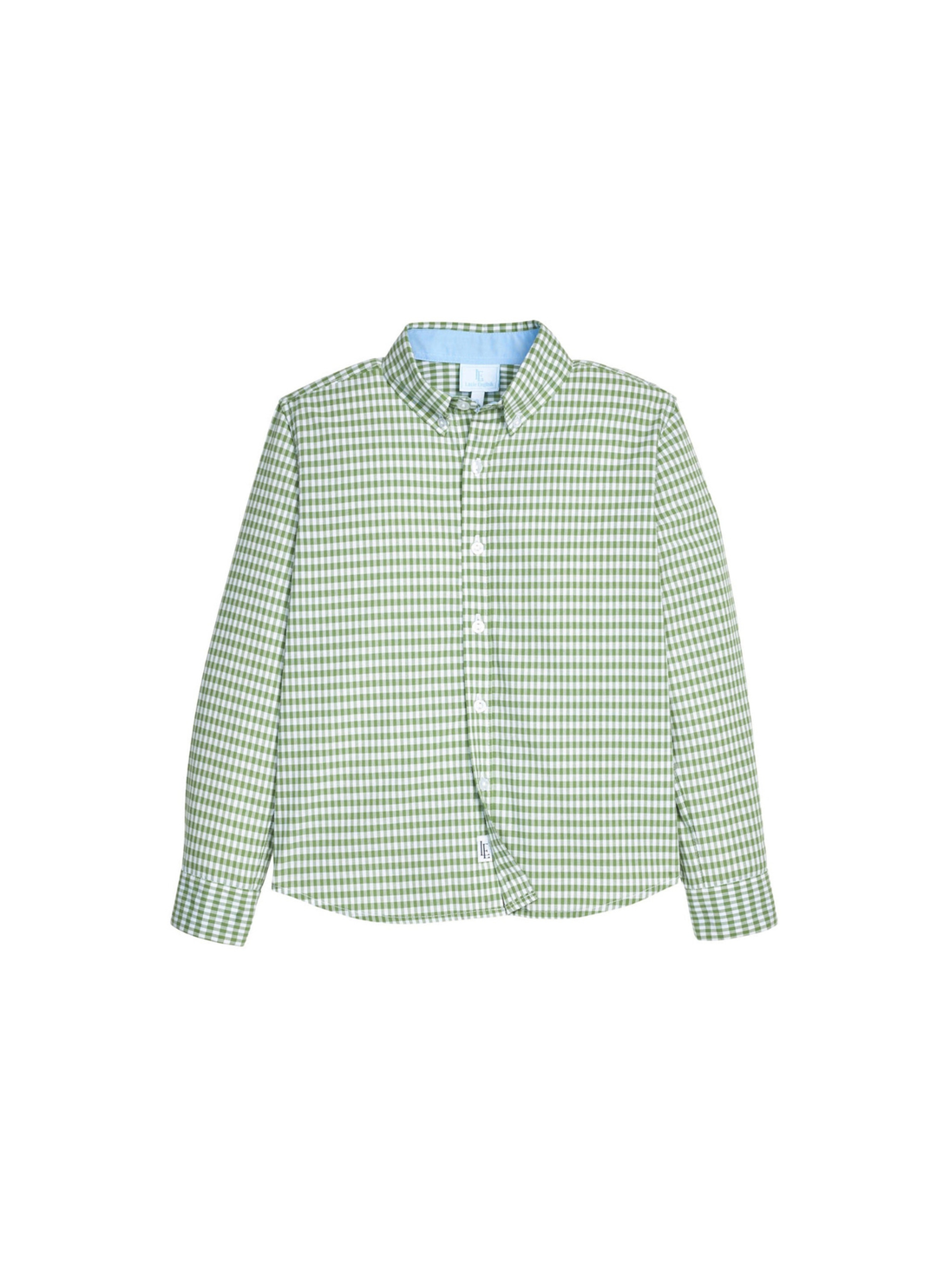 A green and white gingham long-sleeve button-up shirt with a pointed collar, displayed flat against a solid white background.