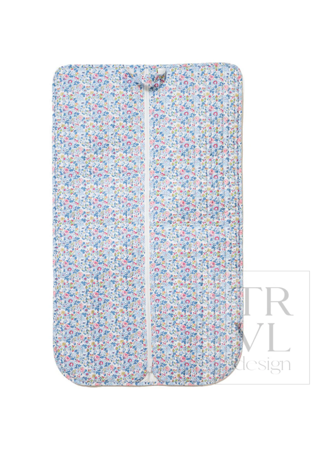 A rectangular quilted travel pillow cover featuring a dense pastel floral pattern in pink, blue, and yellow on a white background, with a central zipper.