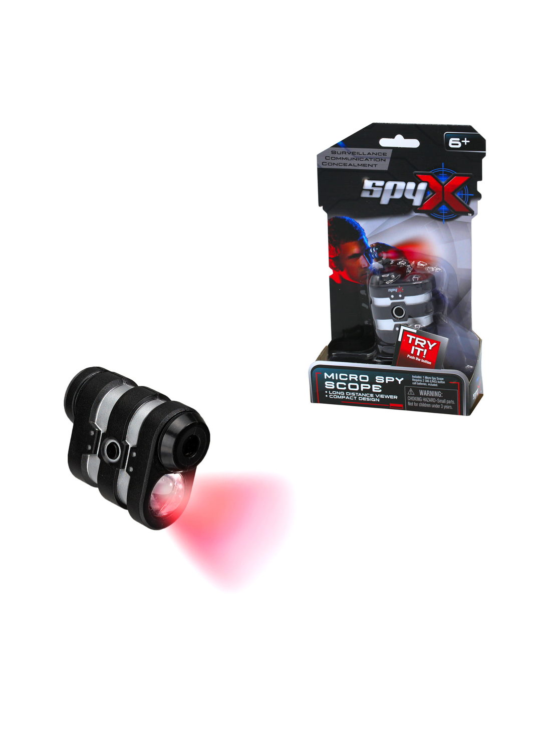 SpyX Micro Spy Scope toy shown in black and silver with a red light beam, alongside its retail packaging box on a white background.