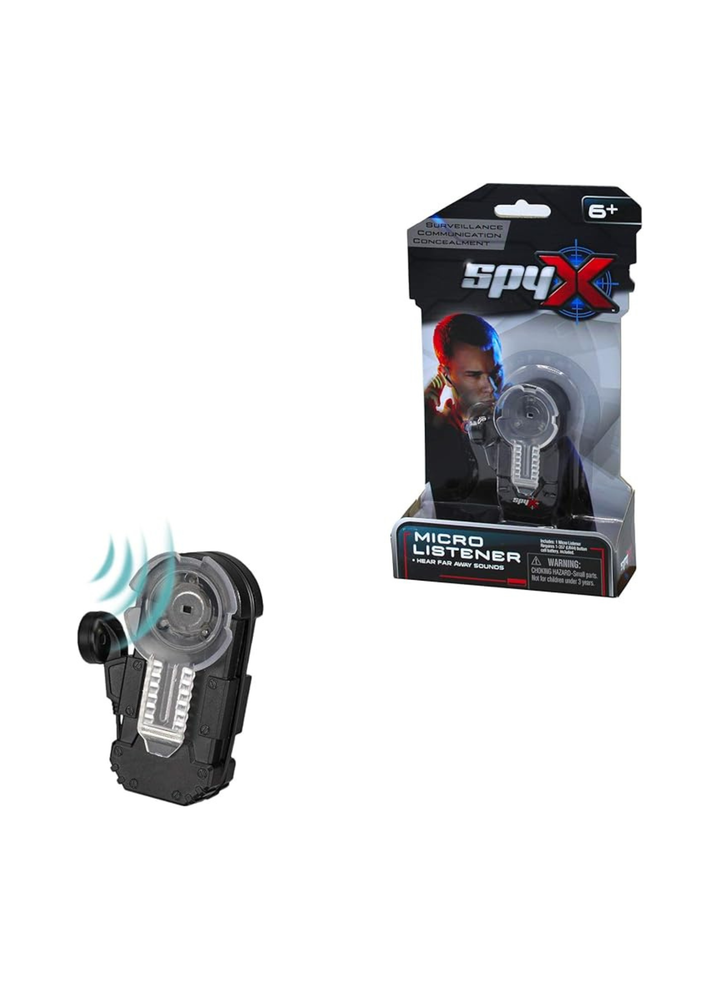Spy X Micro Listener Spy Detector shown both unpackaged and in its retail packaging on a plain white background.