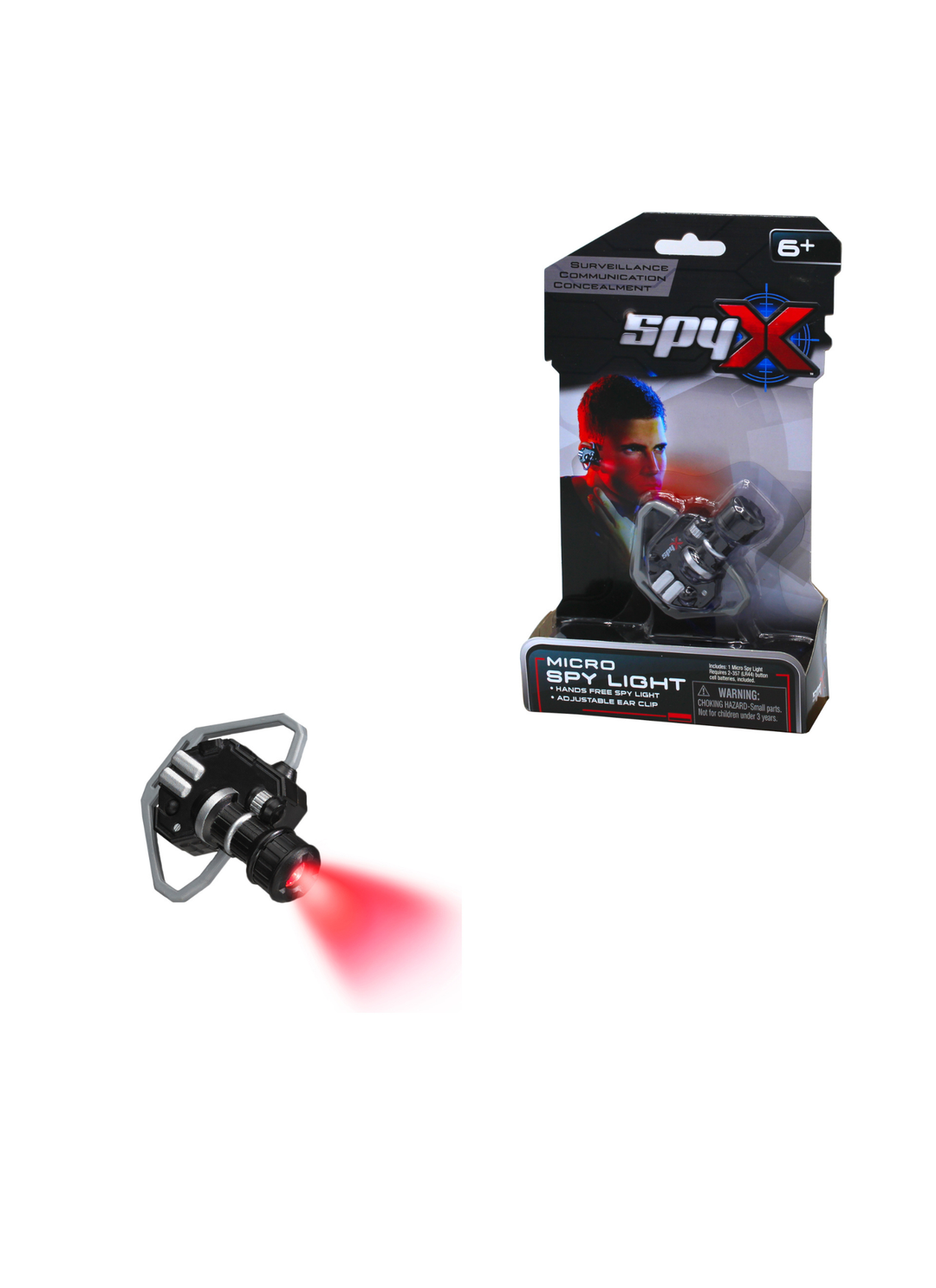 A Spy X Micro Spy Light toy shown both loose and in its retail packaging on a plain white background. The toy is a black and silver handheld device that projects a red light beam, and the packaging features the Spy X logo.