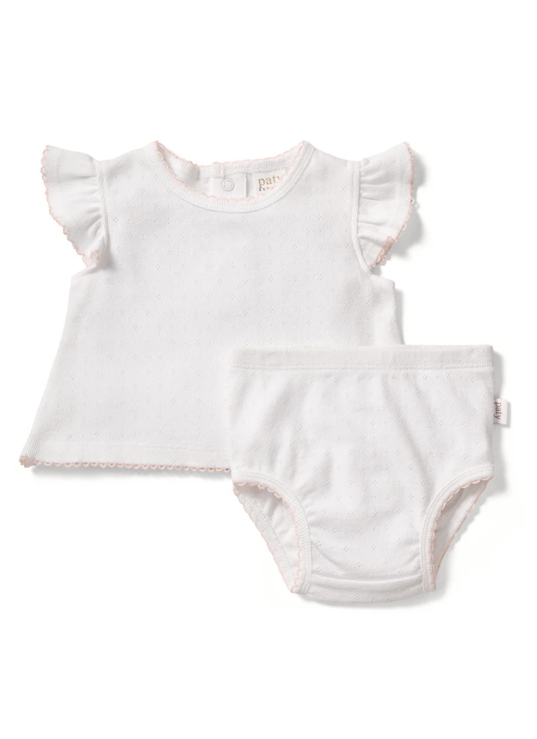 A timeless two-piece set designed with delicate detail and everyday comfort in mind. Crafted from soft organic cotton pointelle, this baby girl outfit features a flutter sleeve top with subtle picot trim and coordinating bloomers for a polished, classic look. &amp;nbsp;Lightweight, breathable, and gentle on baby’s skin, it’s perfect for warm days, special outings, or layering through the seasons. Thoughtfully designed for ease and comfort, this set is a beautiful choice for baby showers, gifting, and everyday 