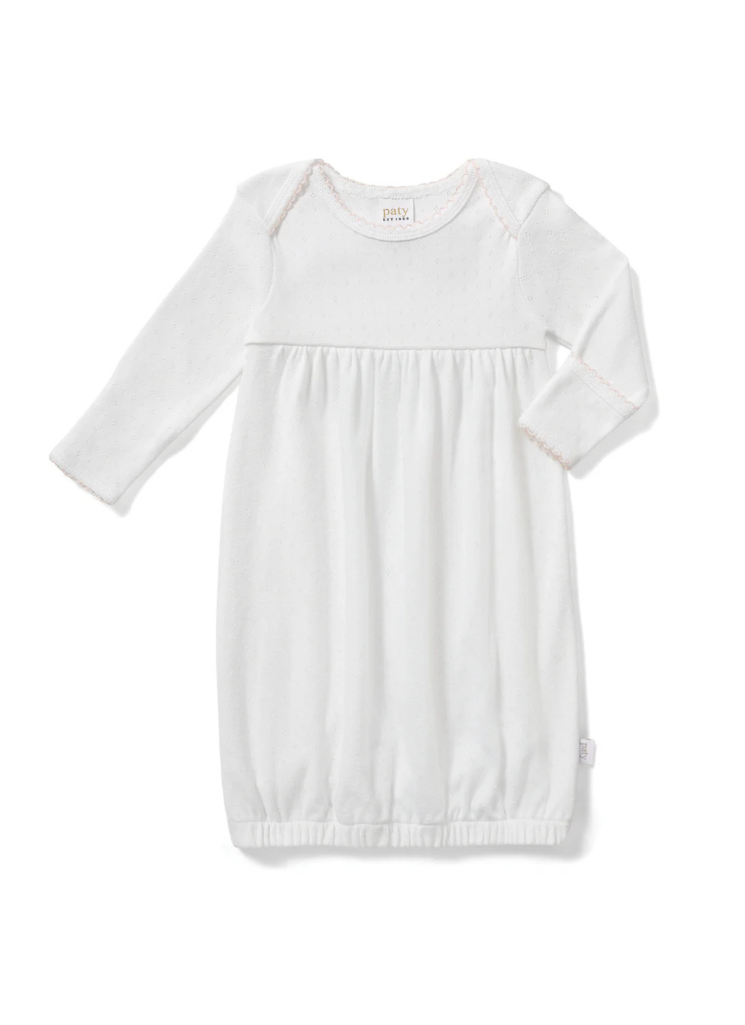 Designed with a softly gathered silhouette and finished with delicate picot trim at the neckline and cuffs, this gown blends comfort with classic detail. The elasticized hem makes diaper changes quick and convenient while keeping baby cozy.