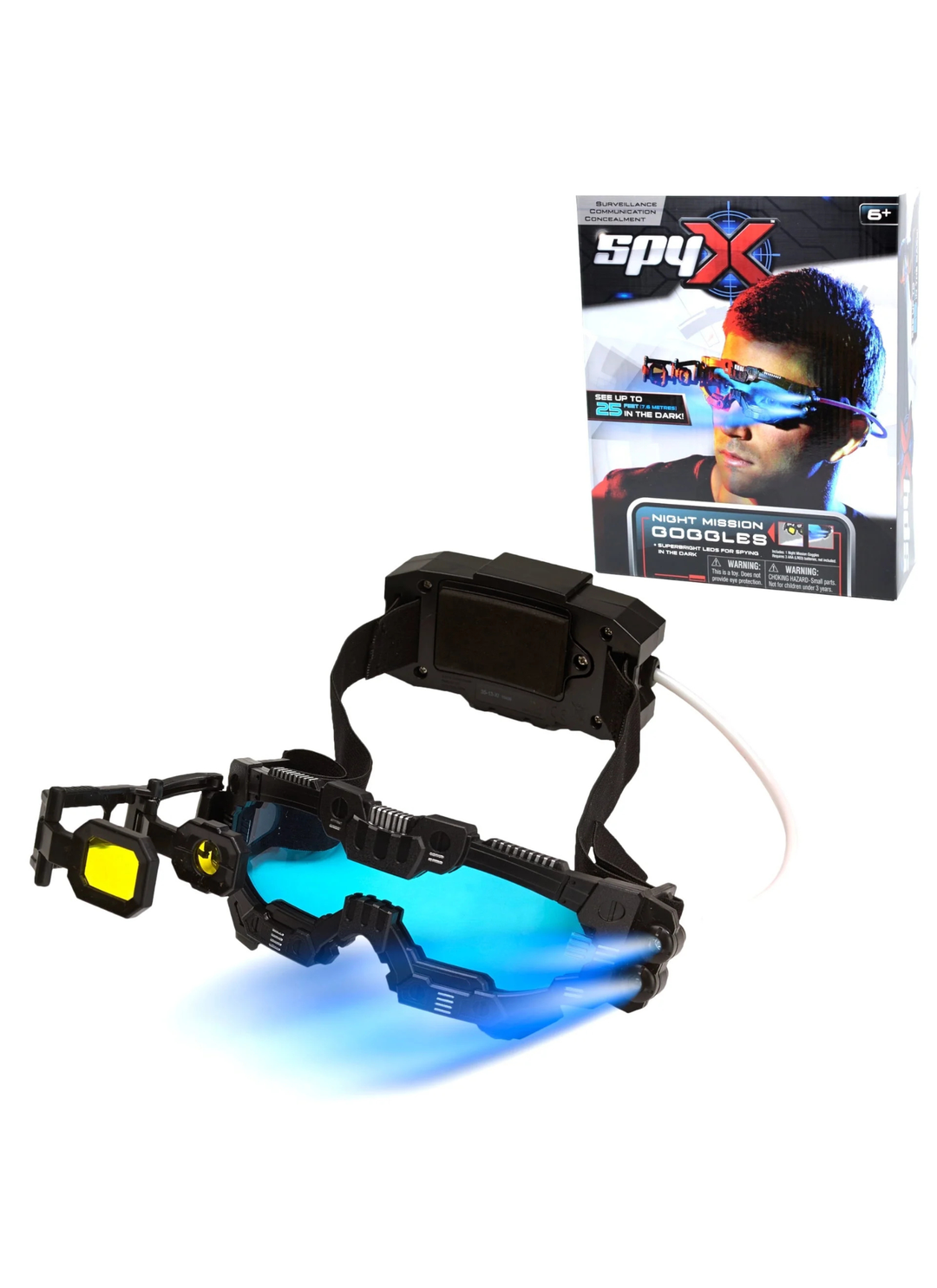 Spy X spy goggles with a black head strap, blue mirrored lenses, and a yellow filter, shown alongside its retail packaging box on a white background.