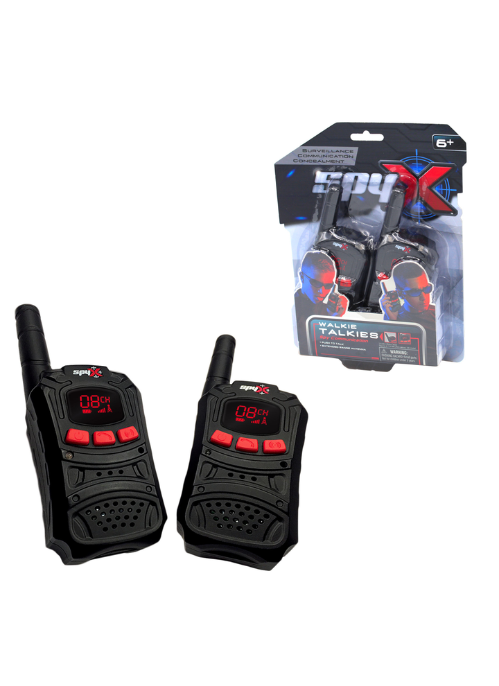 Two black Spy X toy walkie-talkies shown in front of their retail packaging on a plain white background.