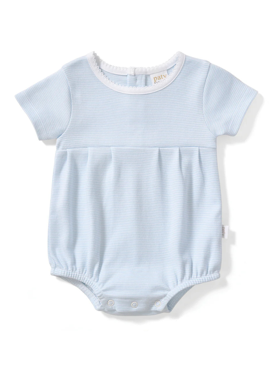 A timeless essential for baby, this classic bubble is crafted from soft, breathable organic cotton interlock fabric for all-day comfort and gentle wear on delicate skin. Designed with a clean, traditional silhouette, it features delicate picot trim along the neckline and a softly pleated front for a refined, heirloom-inspired look. &amp;nbsp;The lightweight fabric allows for easy movement, while bottom snaps provide quick and convenient diaper changes. Perfect for everyday wear, special occasions, and baby gift
