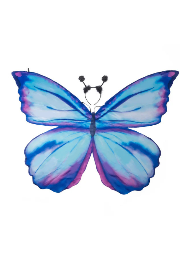 Let your child transform into a magical creature with the Mythical Butterfly Soft Wings Set! These large, laser-cut wings are beautifully handpainted in vibrant shades of blue &amp; purple, creating a mesmerizing, mythical butterfly look that will spark endless imagination.

Crafted from soft, lightweight materials, these wings are comfortable to wear and perfect for twirling, dancing, and fluttering around. The set also includes an adorable butterfly headband to complete the enchanting ensemble.

Ideal for dre