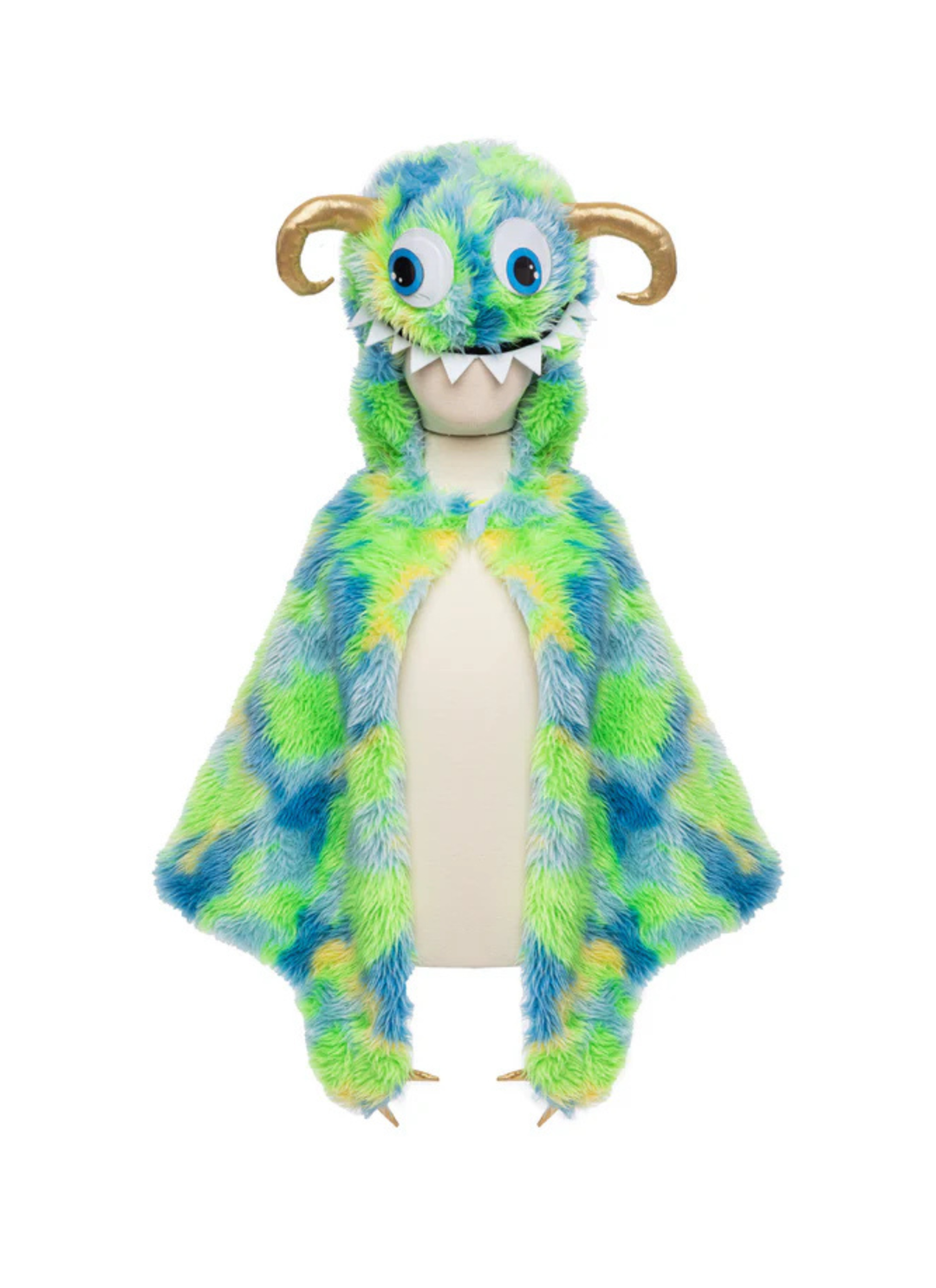 Unleash your imagination with the Giggle or Swampy the Monster Capes! This playful and vibrant cape features bright orange and yellow fur or green and blue fur, perfect for adding a fun pop of color to any costume. The hood is adorned with whimsical blue googly eyes and a toothy smile, while the metallic horns and claws bring a touch of sparkle and excitement. Whether they&