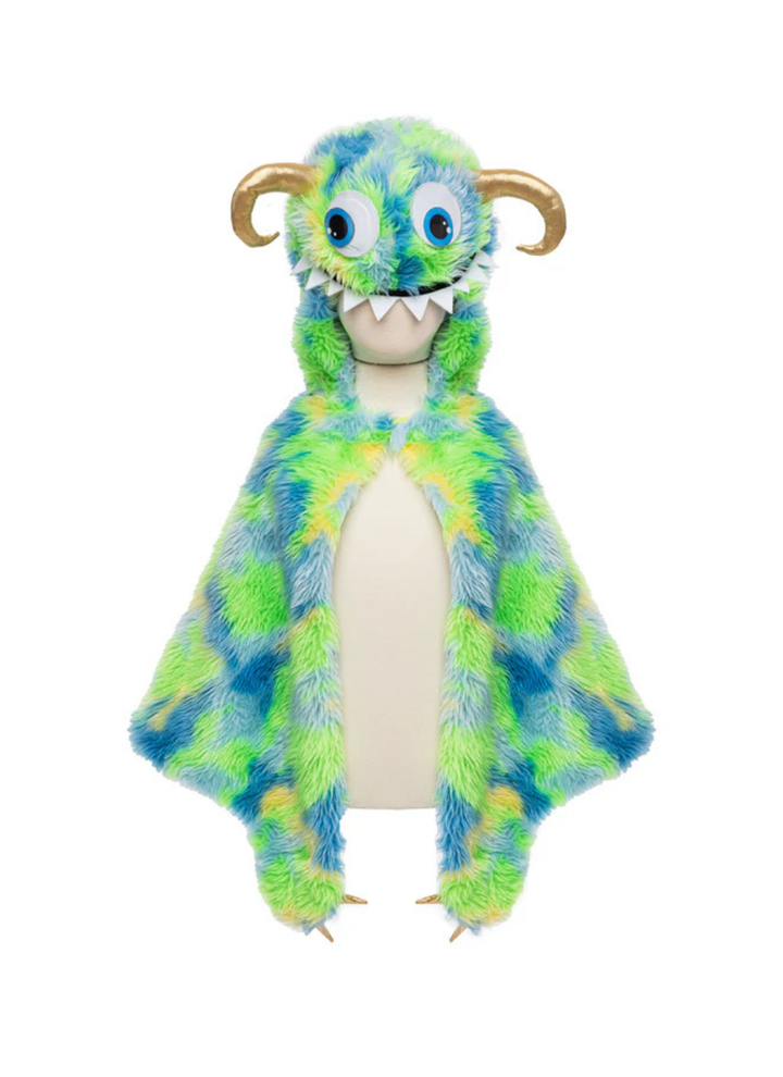 Unleash your imagination with the Giggle or Swampy the Monster Capes! This playful and vibrant cape features bright orange and yellow fur or green and blue fur, perfect for adding a fun pop of color to any costume. The hood is adorned with whimsical blue googly eyes and a toothy smile, while the metallic horns and claws bring a touch of sparkle and excitement. Whether they&