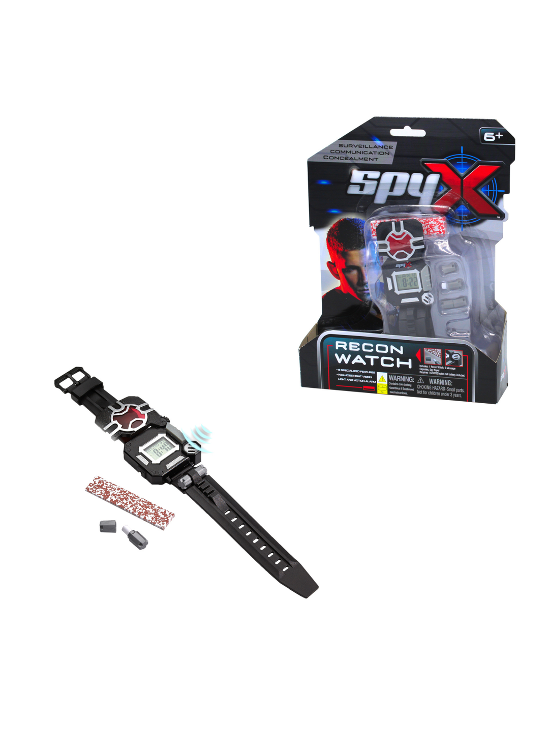 Spy X Recon Watch toy shown disassembled with its strap, battery, and packaging box on a plain white background.