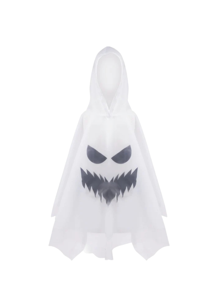 Boo-tifully simple and hauntingly fun, our NEW&amp;nbsp;Spooky Ghost Poncho is the perfect costume for little ghouls who love to keep things comfy&amp;nbsp;and&amp;nbsp;creepy! Made from soft white fabric, this poncho features a classic ghost face design with bold black eyes and a mouth, plus a roomy hood for an extra eerie effect.&amp;nbsp;The fabric flows and drapes just like a real ghost, creating a playful, floating silhouette that&