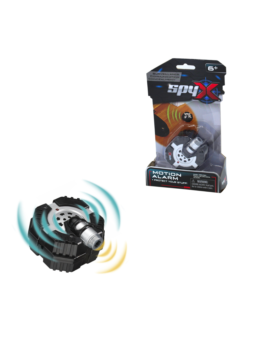 SpyX Motion Alarm motion detector light shown outside its retail packaging on a white background, with a separate graphic illustrating its motion-sensing wave function.
