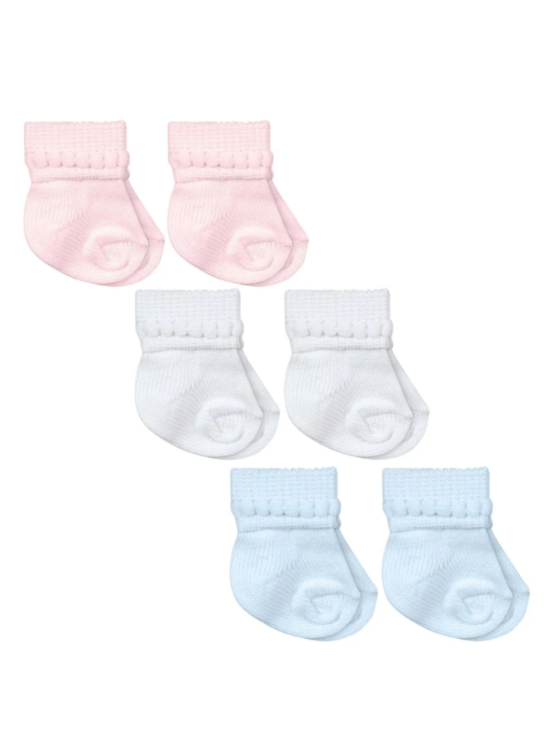 Three pairs of baby socks in light pink, white, and light blue, arranged in a grid on a plain white background.