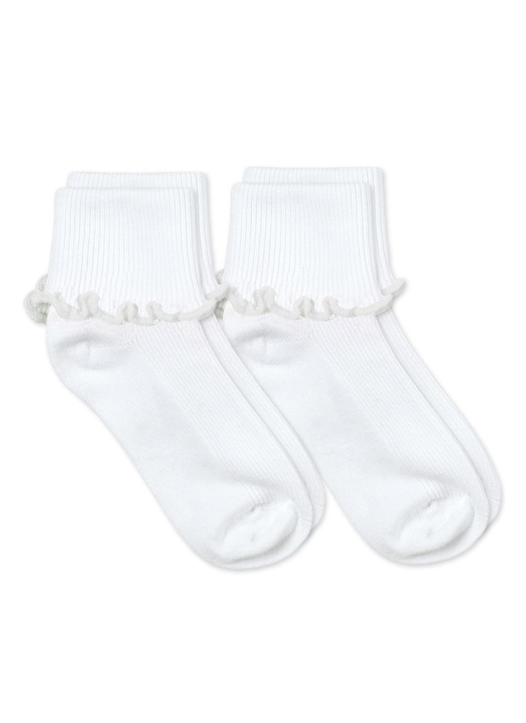 A pair of white ankle socks with a delicate ruffled trim at the ribbed cuffs, displayed against a plain white background.