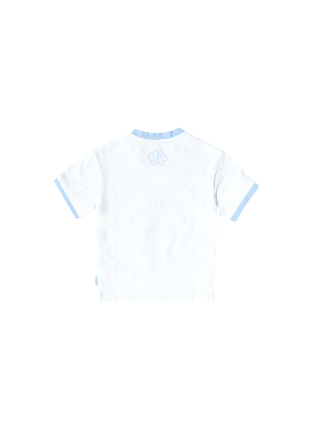 A white short-sleeve ringer T-shirt with light blue trim on the collar and sleeve cuffs, featuring a light blue embroidered logo on the upper back, shown against a plain white background.