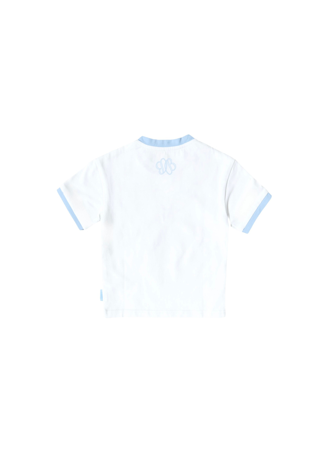 A white short-sleeve ringer T-shirt with light blue trim on the collar and sleeve cuffs, featuring a light blue embroidered logo on the upper back, shown against a plain white background.