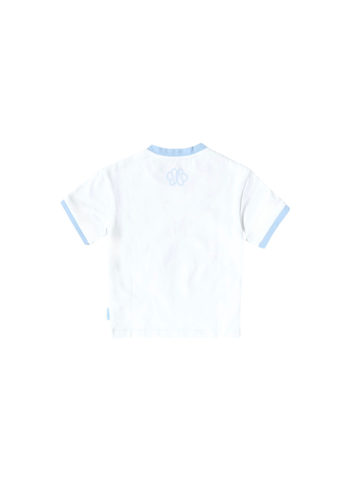 A white short-sleeve ringer T-shirt with light blue trim on the collar and sleeve cuffs, featuring a light blue embroidered logo on the upper back, shown against a plain white background.