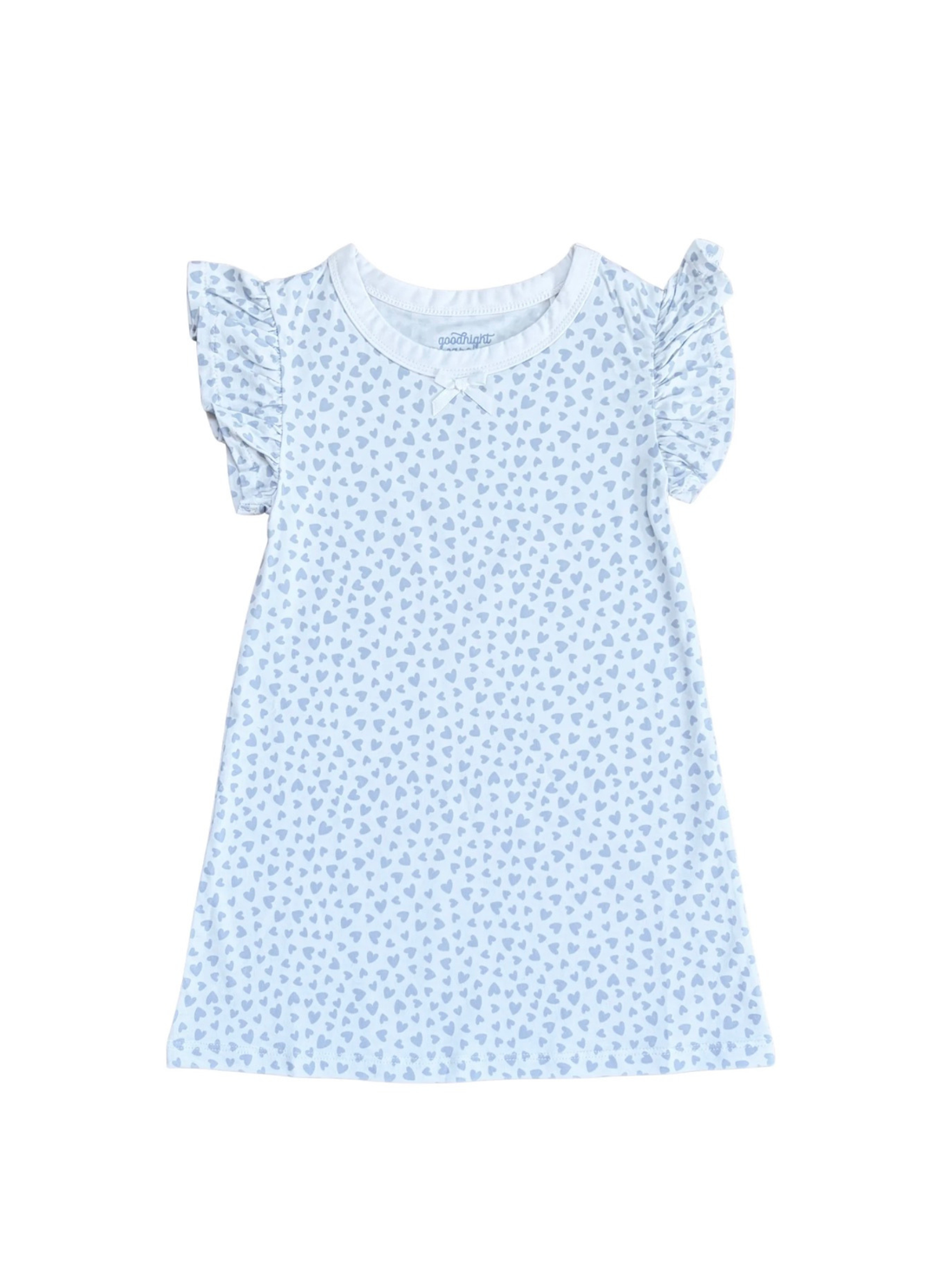A light blue and white patterned short-sleeve dress for a toddler girl, featuring ruffled sleeves and a round neckline, shown against a plain white background.