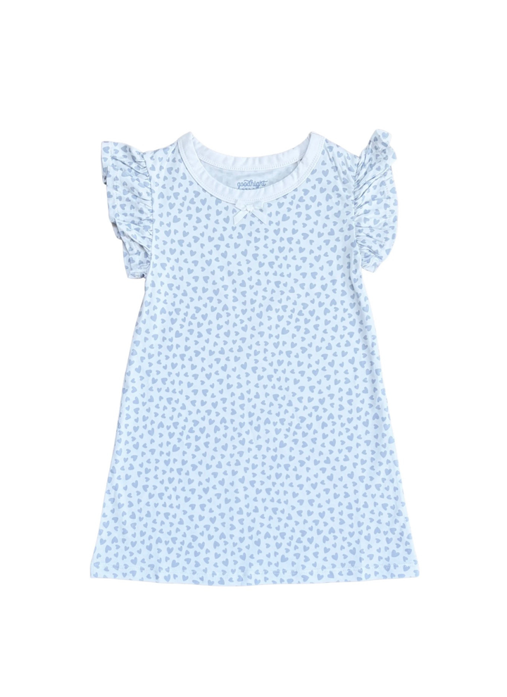 A light blue and white patterned short-sleeve dress for a toddler girl, featuring ruffled sleeves and a round neckline, shown against a plain white background.