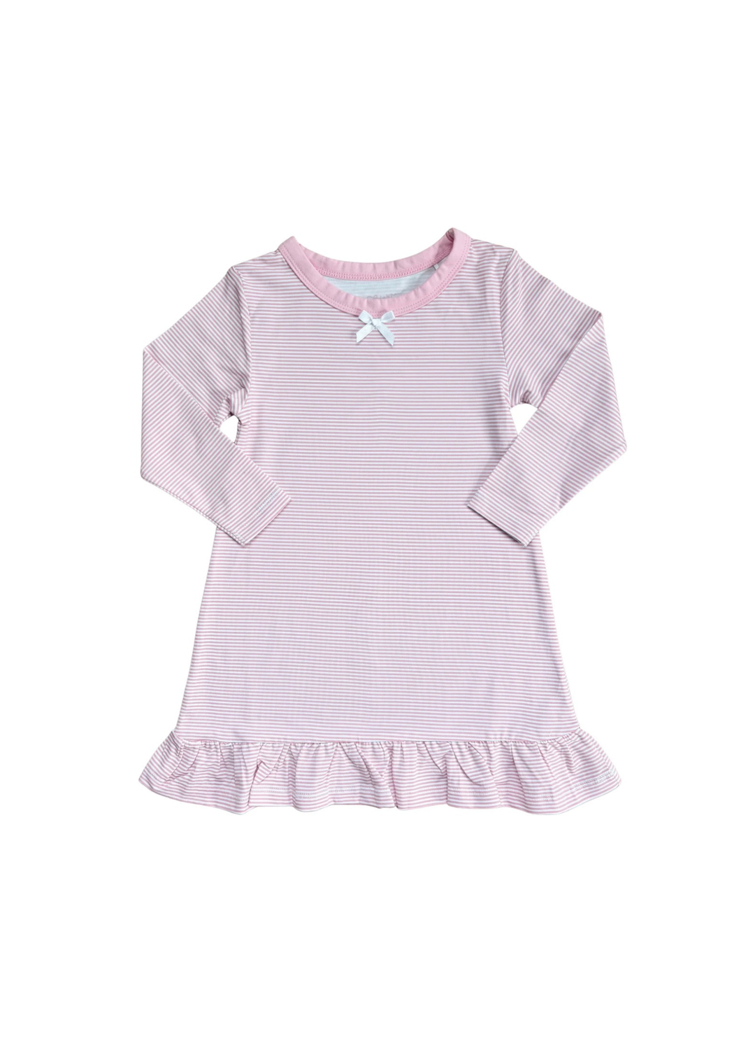 A long-sleeve baby dress with a fine pink and white striped pattern, featuring a ruffled hem, a pink collar, and a small white bow at the neckline.