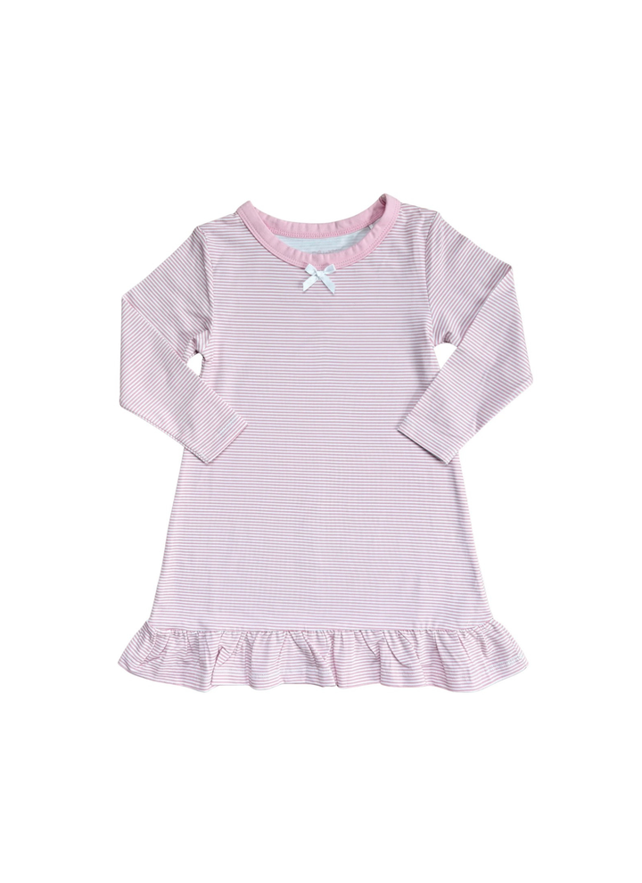 A long-sleeve baby dress with a fine pink and white striped pattern, featuring a ruffled hem, a pink collar, and a small white bow at the neckline.