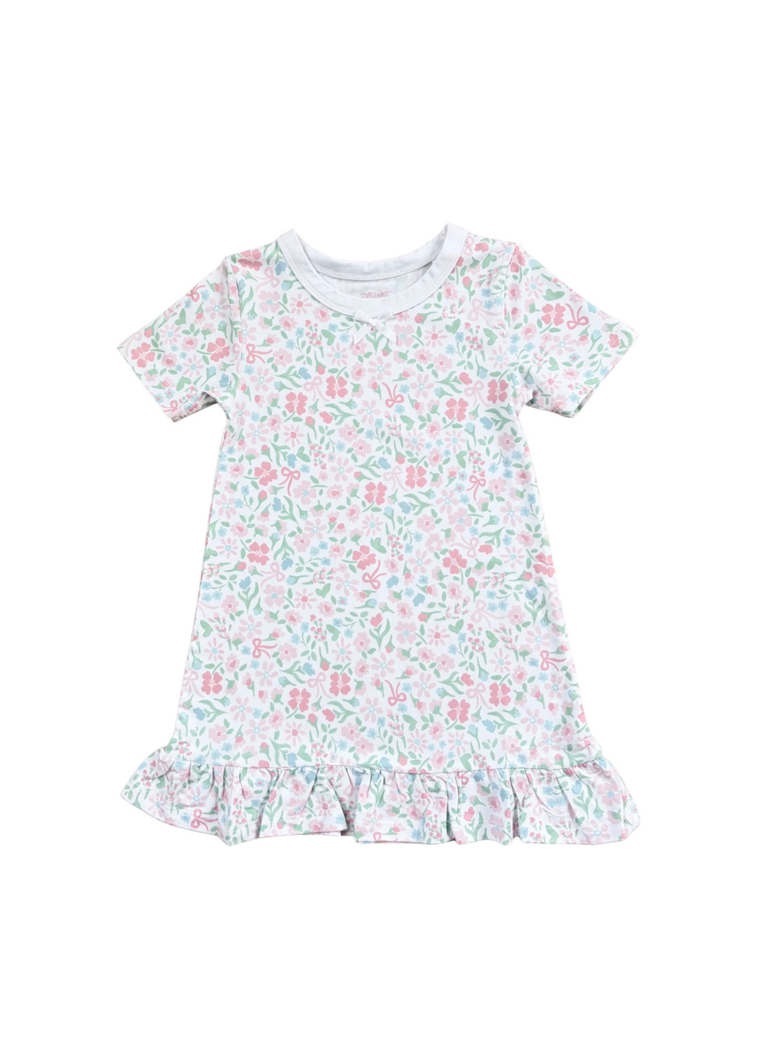 A short-sleeve baby dress with a delicate pink and green floral pattern on a white background, featuring a ruffled hem and a white ribbed crew neck.