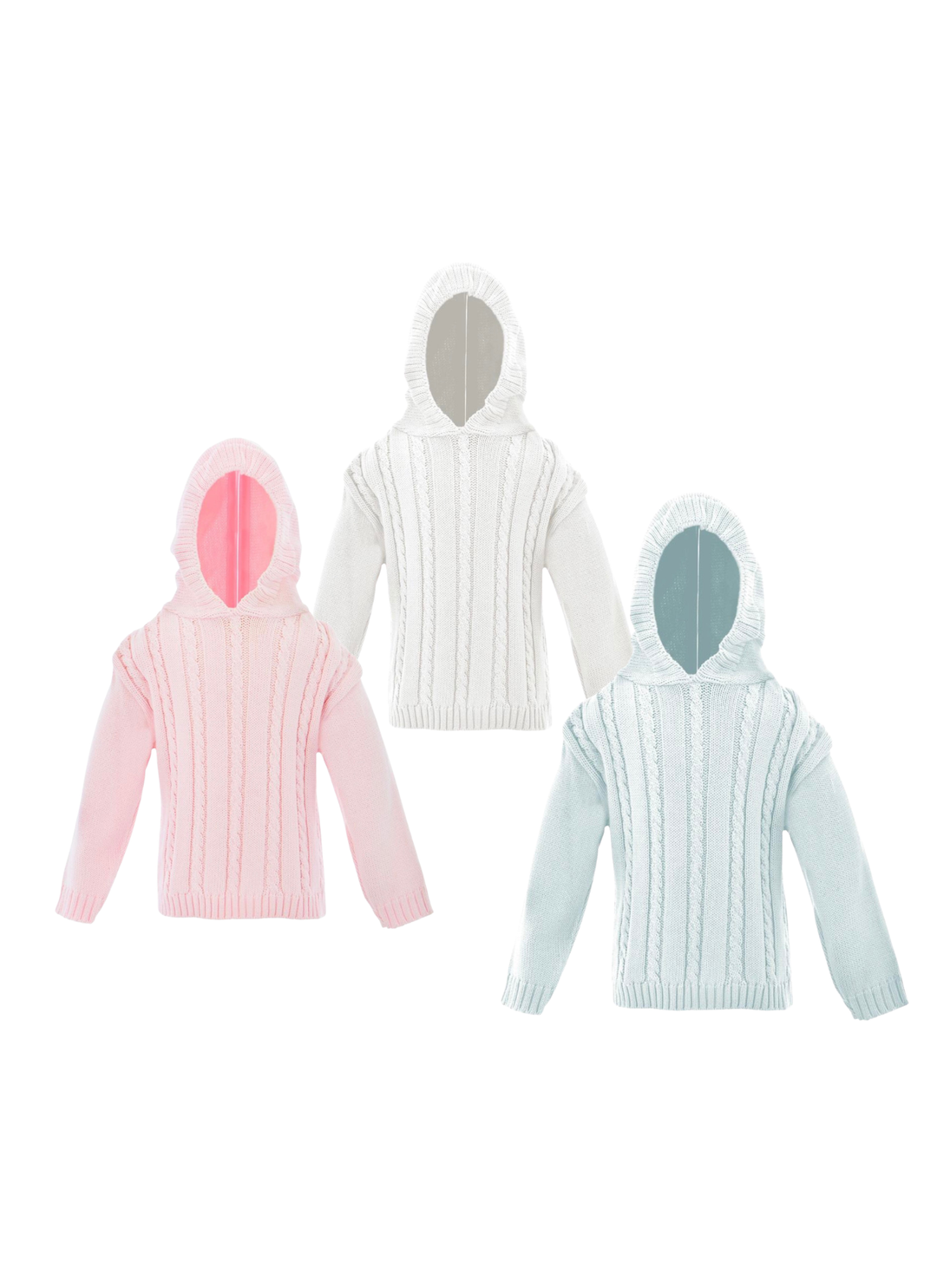 Three ribbed knit hooded sweaters shown against a white background, in pastel pink, white, and pale blue. Each sweater is displayed from the back, showing the hood lining and back opening.