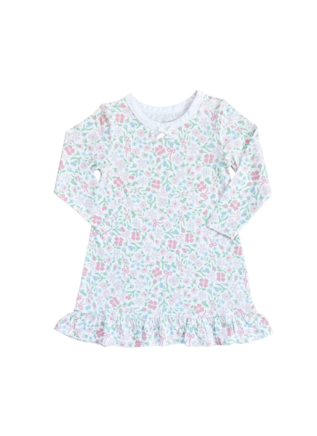 A long-sleeve baby dress with a delicate pink and green floral pattern on a white background, featuring a ruffled hem and a ruffled neckline.