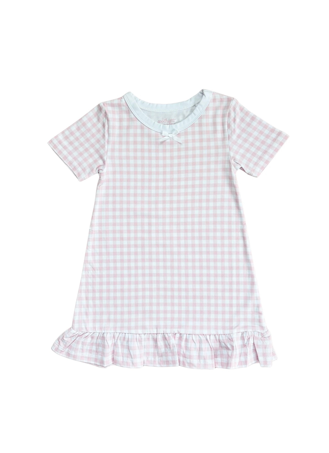 A short-sleeve baby dress with a light pink and white gingham check pattern, featuring a pale blue collar and a ruffled hem.