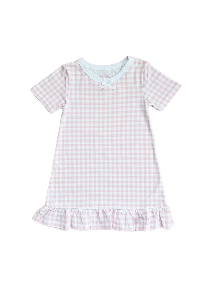 A short-sleeve baby dress with a light pink and white gingham check pattern, featuring a pale blue collar and a ruffled hem.