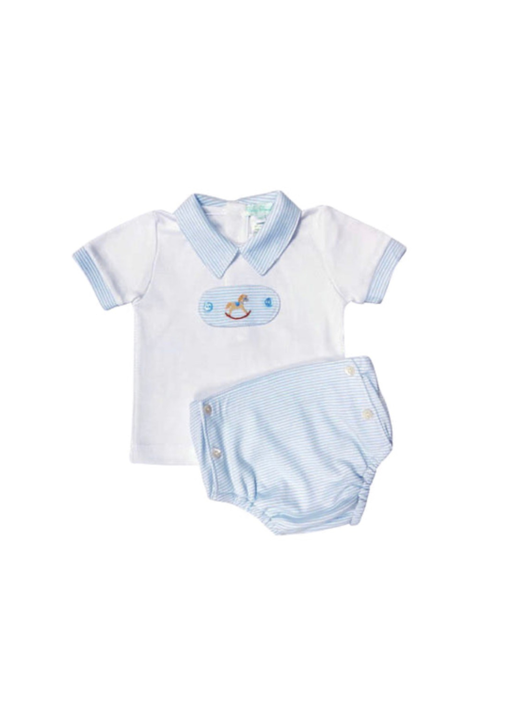 Baby two-piece outfit set featuring a white short-sleeve polo shirt with light blue trim and a small embroidered rocking horse patch, paired with light blue and white striped diaper cover, on a white background.