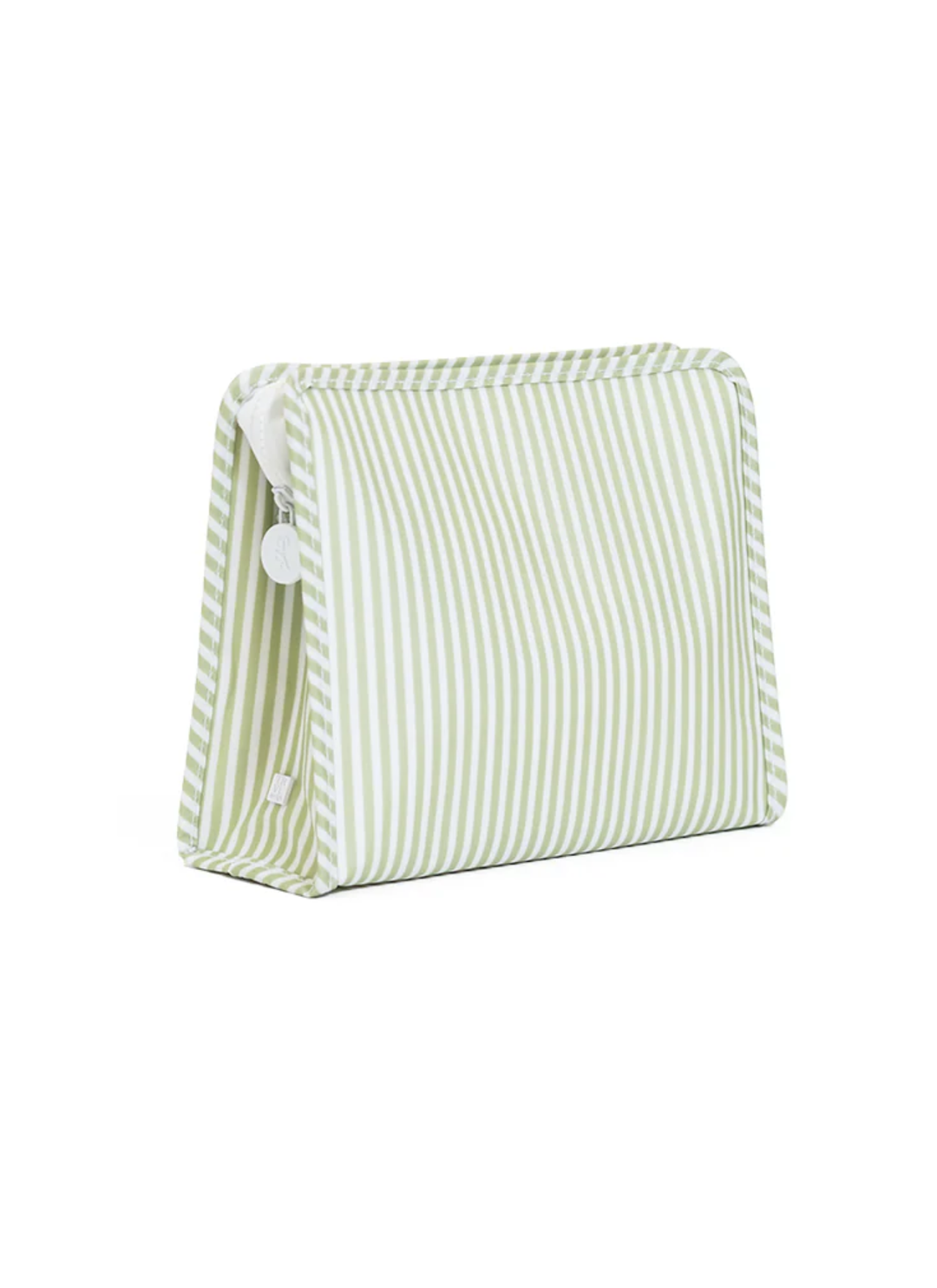 Green and white striped clutch bag on a white background