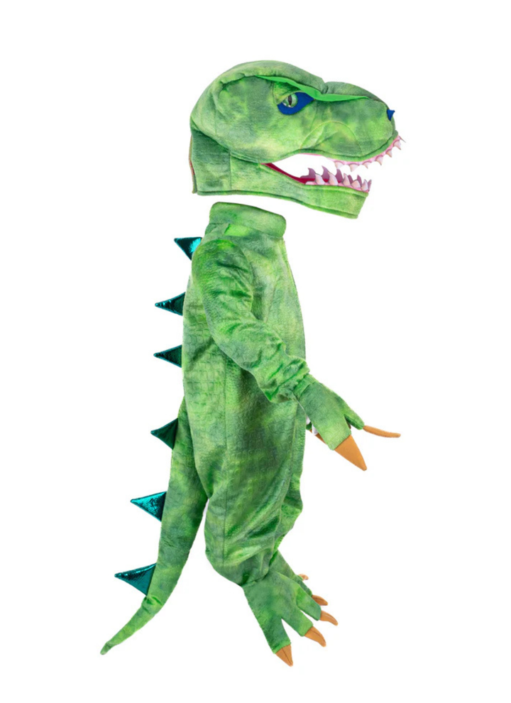 A dramatic tail cascades down the back, featuring bold metallic green spikes for extra stomp-worthy style. The plush T-Rex head fits comfortably over yours, with stuffed details like big eyes and ferocious teeth to bring your dino look to life.