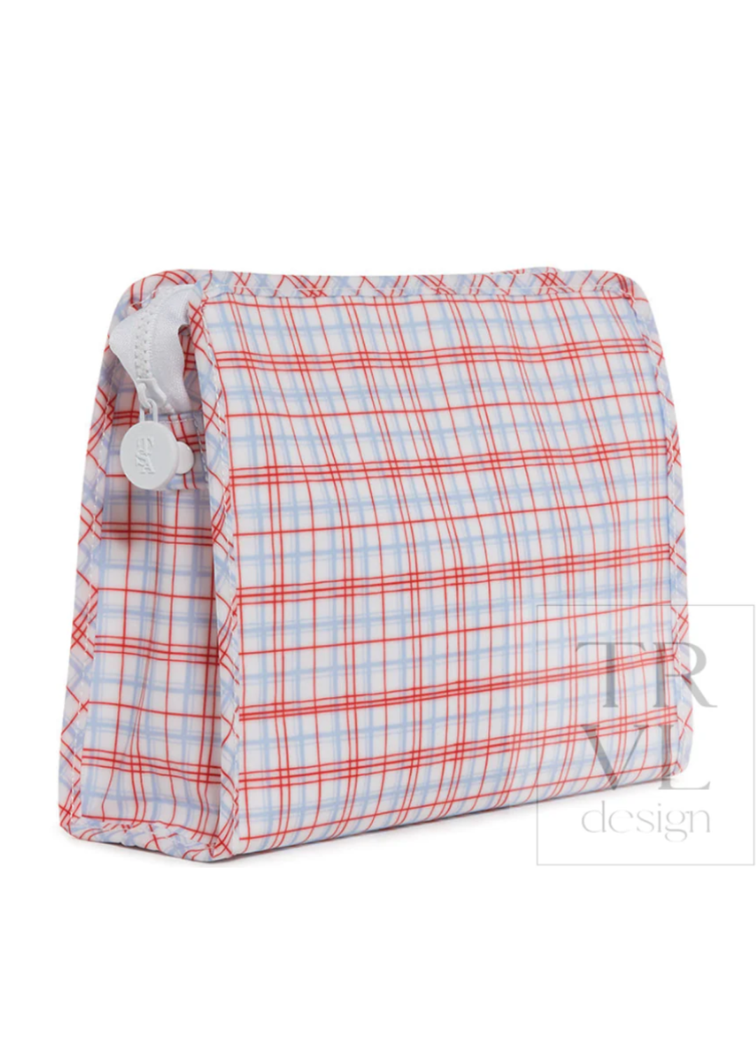 Plaid-patterned bag with red and blue lines on a white background